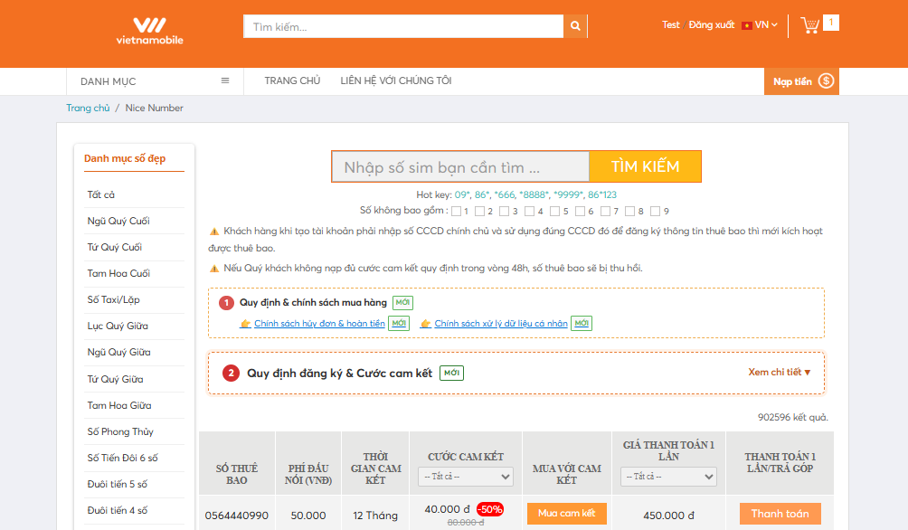 Shop online sim số đẹp Vietnamobile